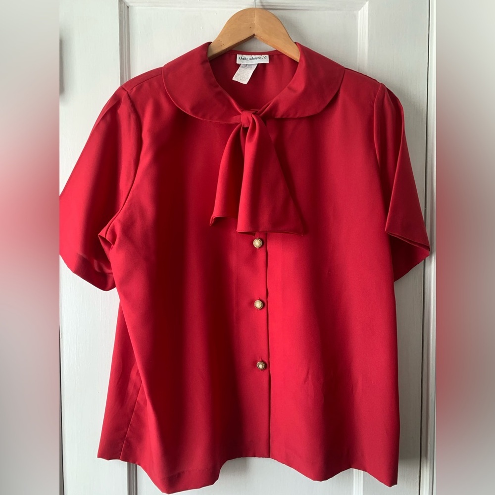 Vintage Vicki Wayne Red Tie Neck Tie Neck Retro Secretary Blouse Sz 12